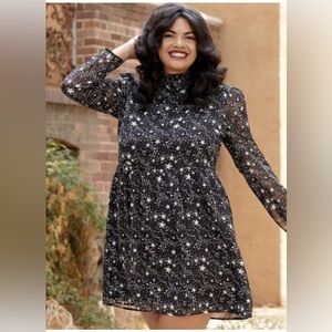 ModCloth Baez For Days Dress Celestial Star Print Metallic Smocked High Neck - S